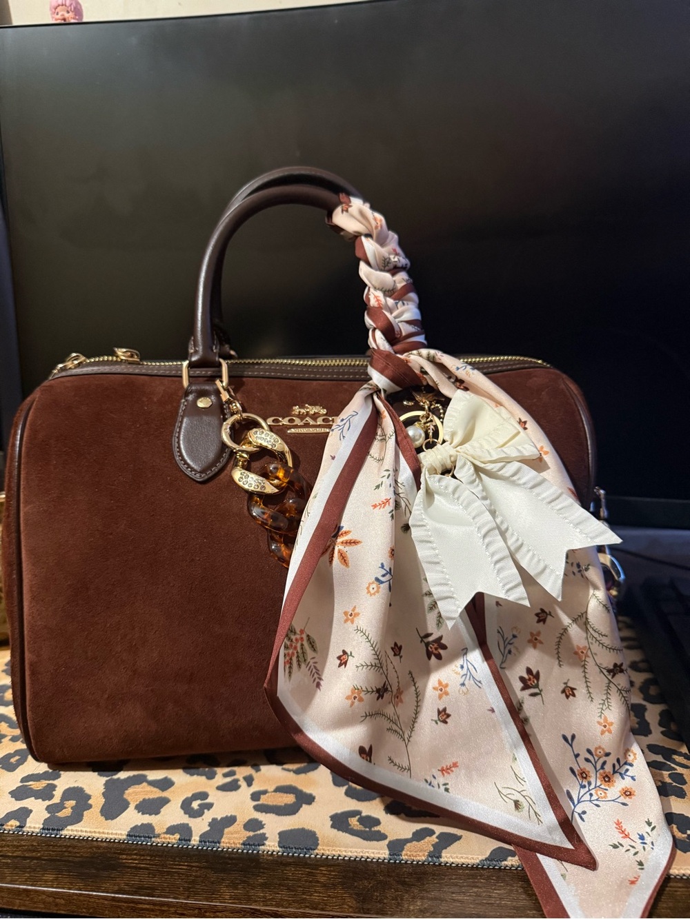 Coach Brown Suede Satchel with Floral Scarf and Cream Bow
